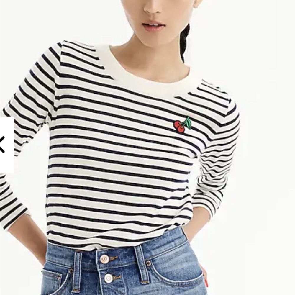 J. Crew Navy and Cream Striped 100% Merino Wool Sweater with Cherry Detail